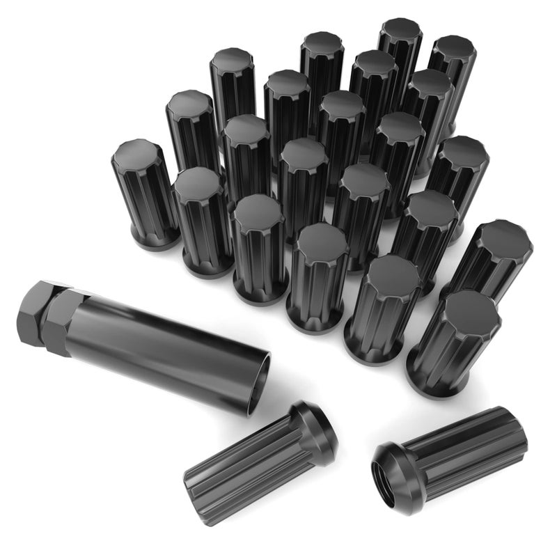 Partschoice 14mmx1.5 Wheel Lug Nuts, 24x Black M14x1.5 Lug Nut,Conical/Cone Bulge Seat, Closed End Long Extended XL Spline with 1 Socket Key Fits 6 Lug Aftermarket Wheels - Image 1